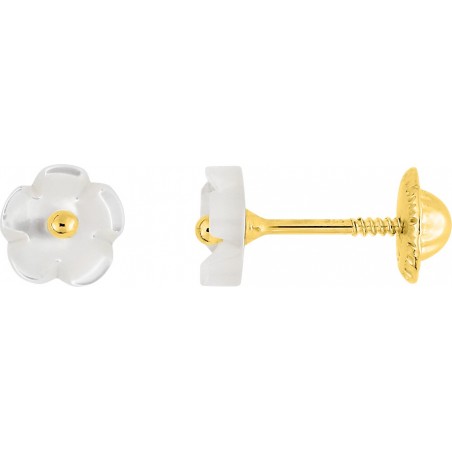 Fleur blanche et doré - Boucles d'oreilles en Or jaune 375/1000
