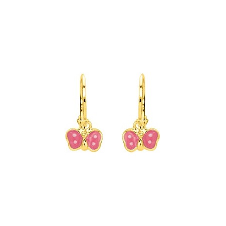 Papillon rose - Boucles d'oreilles pendantes en Or jaune 375/1000