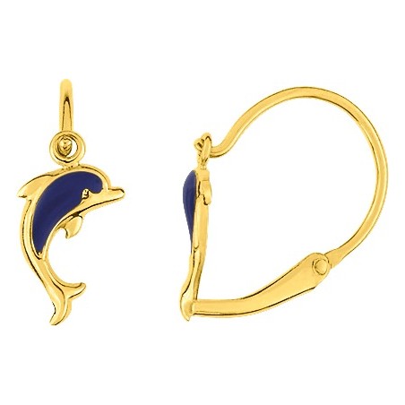 Dauphin bleu - Boucles d'oreilles pendantes en Or jaune 375/1000
